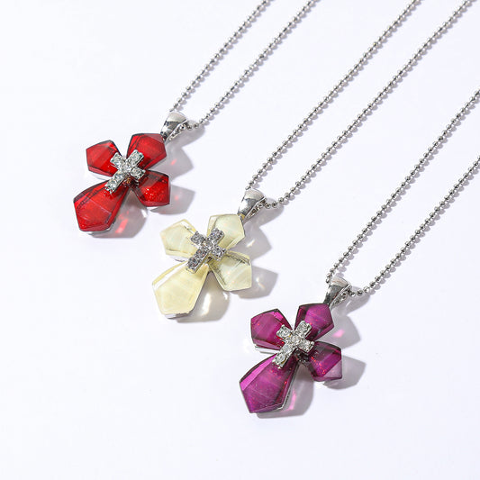 Elegant Assorted Acrylic Stone Cross Necklace with Rhinestones - Multi-Color Dual Cross Pendant