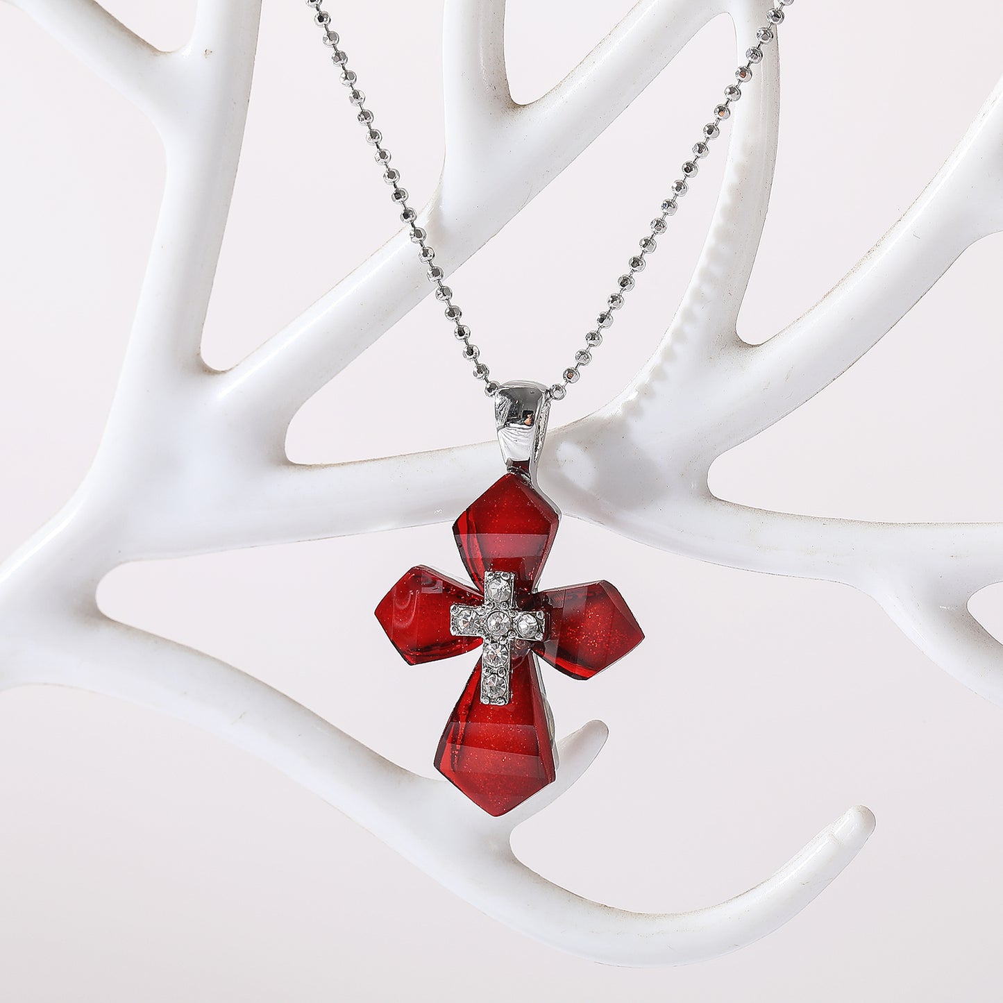 Elegant Assorted Acrylic Stone Cross Necklace with Rhinestones - Multi-Color Dual Cross Pendant