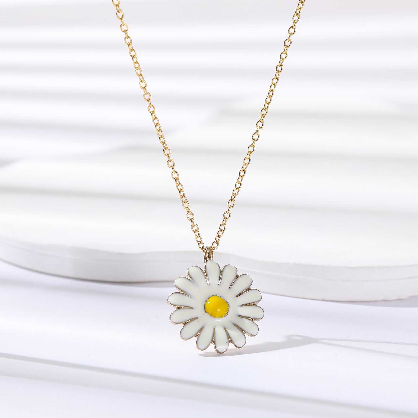 Gold Chain Necklace with Large Enamel Daisy Pendant - Fresh Floral Jewelry