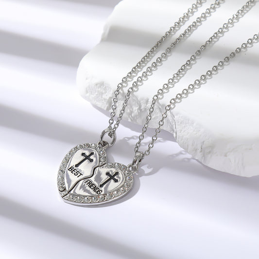 Rhinestone Best Friends Heart Cross Necklace - Matching Friendship Pendant(2 PC)