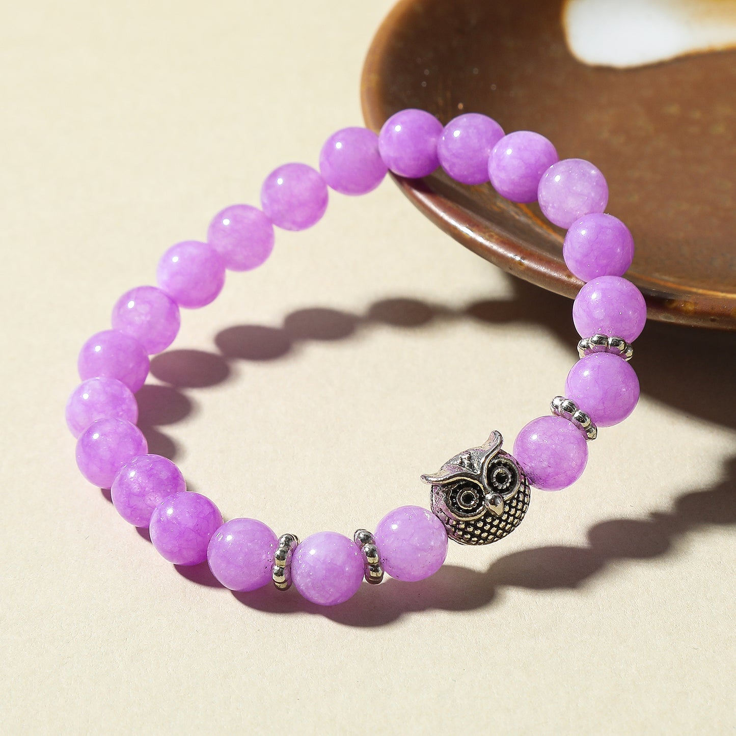 Handmade Genuine Stone Bead Bracelet with Silver Owl Charm - Bohemian Elastic Jewelry