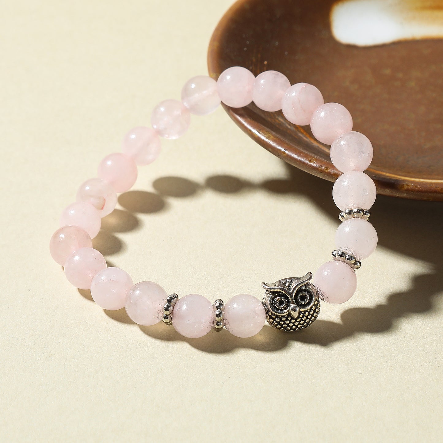 Handmade Genuine Stone Bead Bracelet with Silver Owl Charm - Bohemian Elastic Jewelry