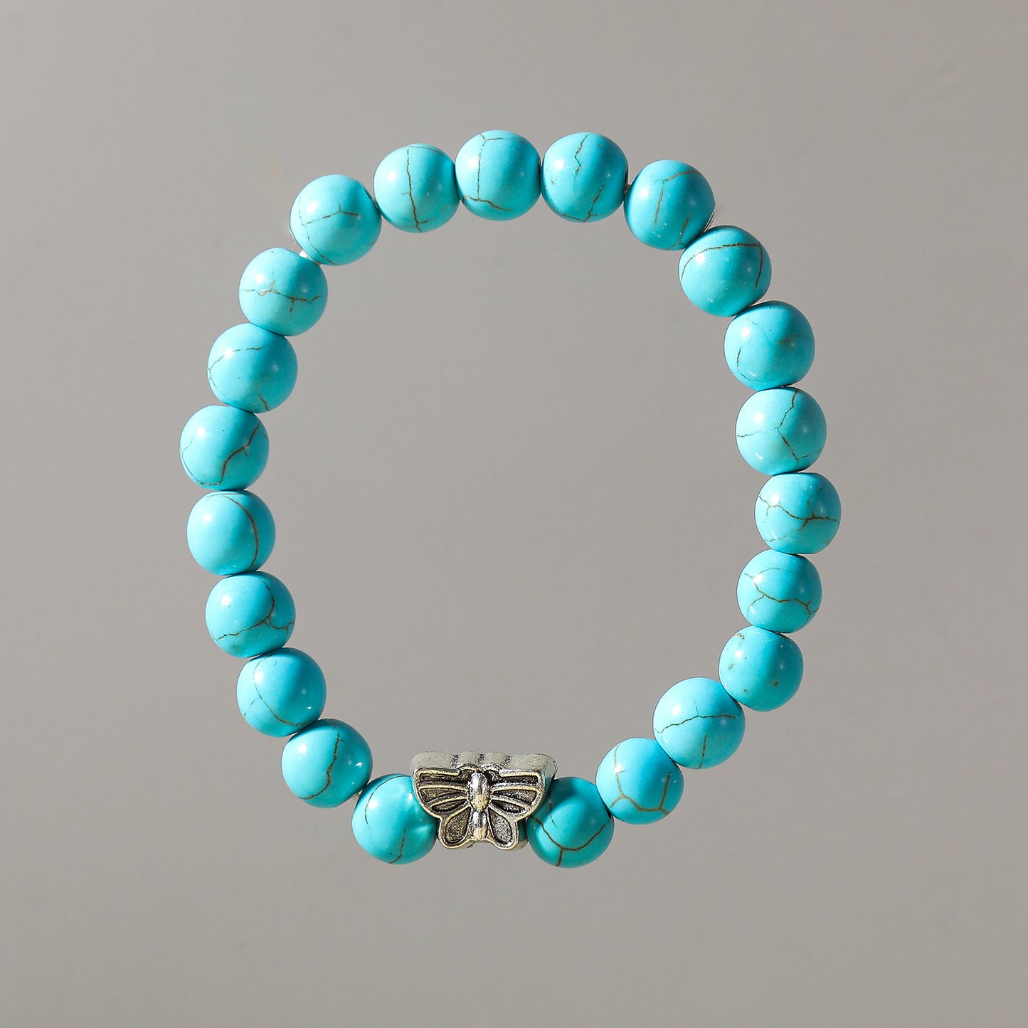 Assorted Genuine Stone Bead Elastic Bracelet with Silver Butterfly Charm