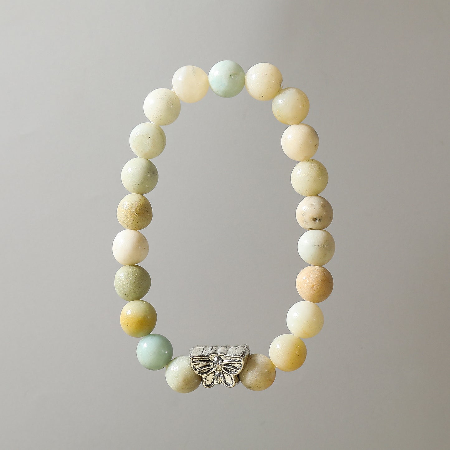 Assorted Genuine Stone Bead Elastic Bracelet with Silver Butterfly Charm