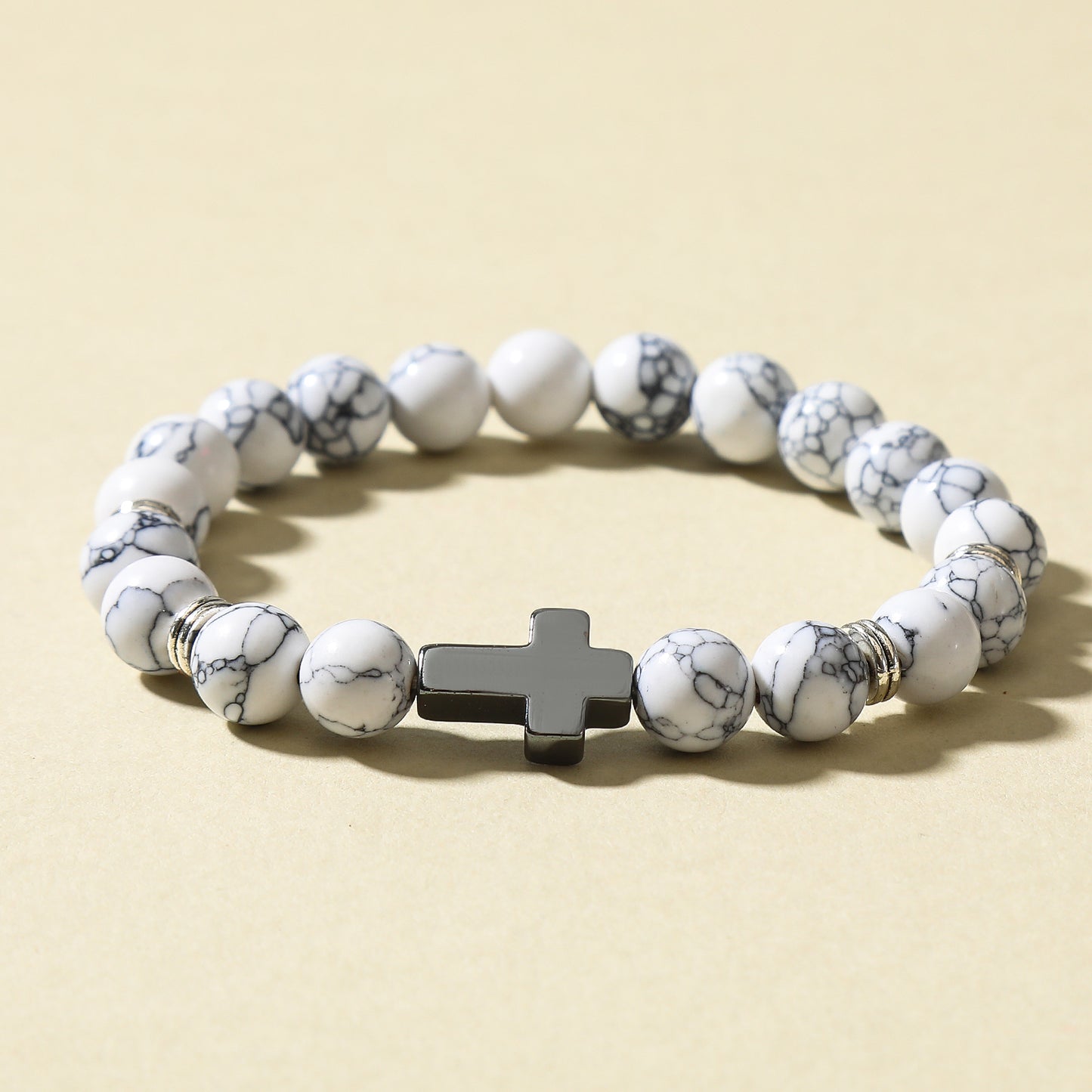 Handmade Genuine Stone Bead Bracelet with Cross Charm - Elastic Boho Jewelry for Men & Women