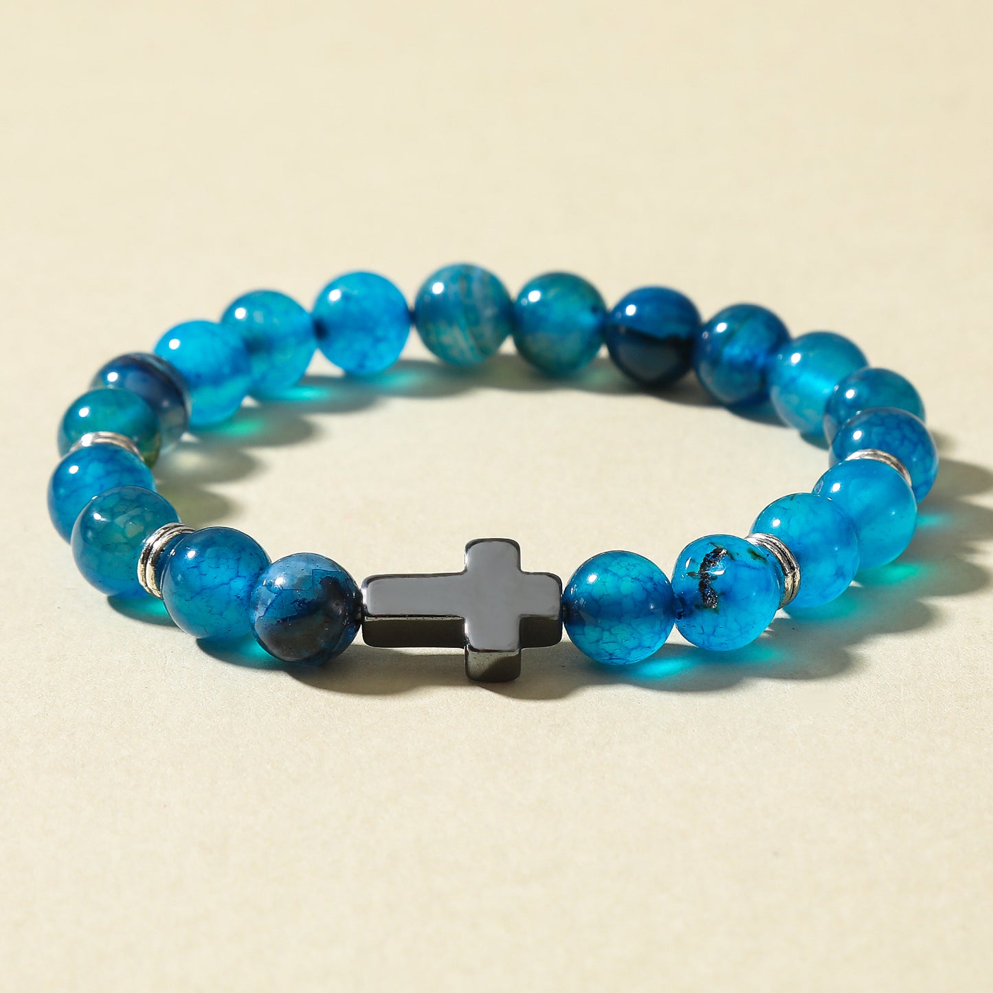 Handmade Genuine Stone Bead Bracelet with Cross Charm - Elastic Boho Jewelry for Men & Women