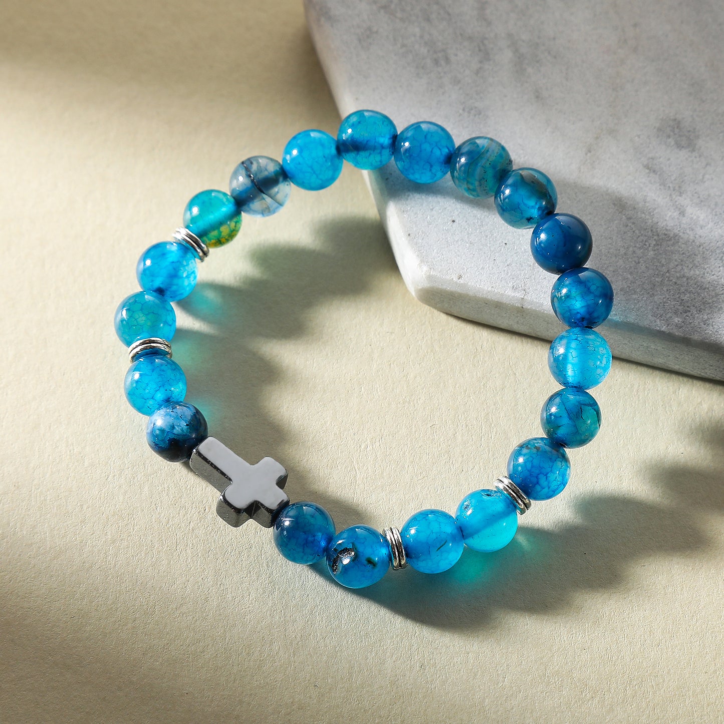 Handmade Genuine Stone Bead Bracelet with Cross Charm - Elastic Boho Jewelry for Men & Women