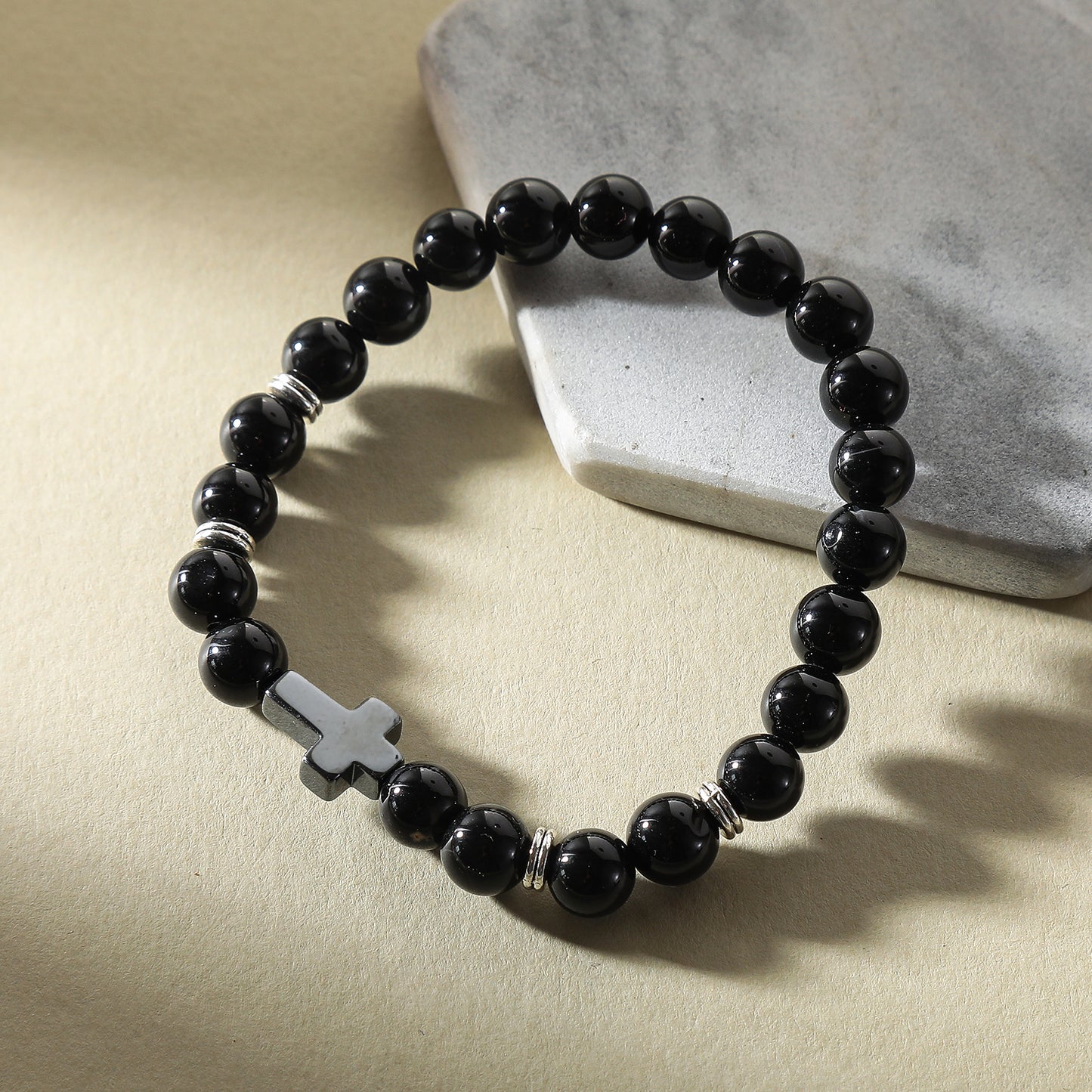 Handmade Genuine Stone Bead Bracelet with Cross Charm - Elastic Boho Jewelry for Men & Women