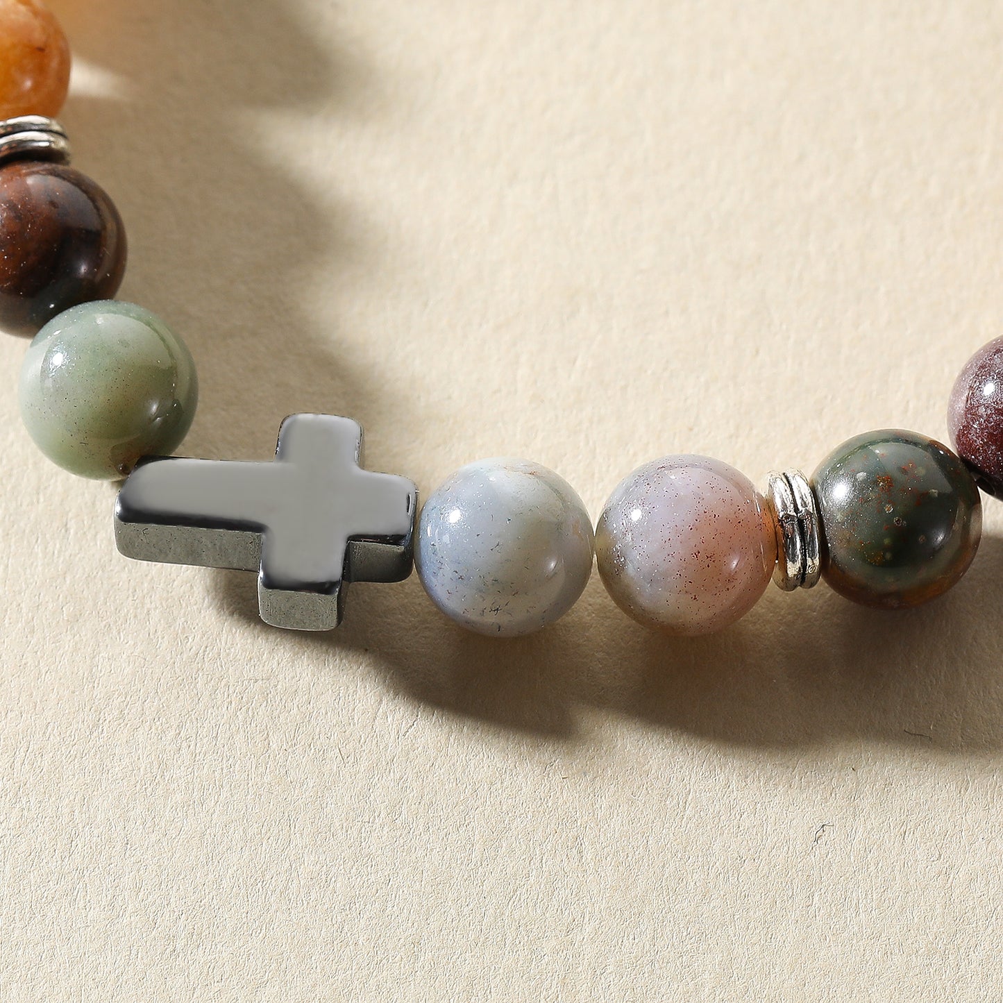 Handmade Genuine Stone Bead Bracelet with Cross Charm - Elastic Boho Jewelry for Men & Women