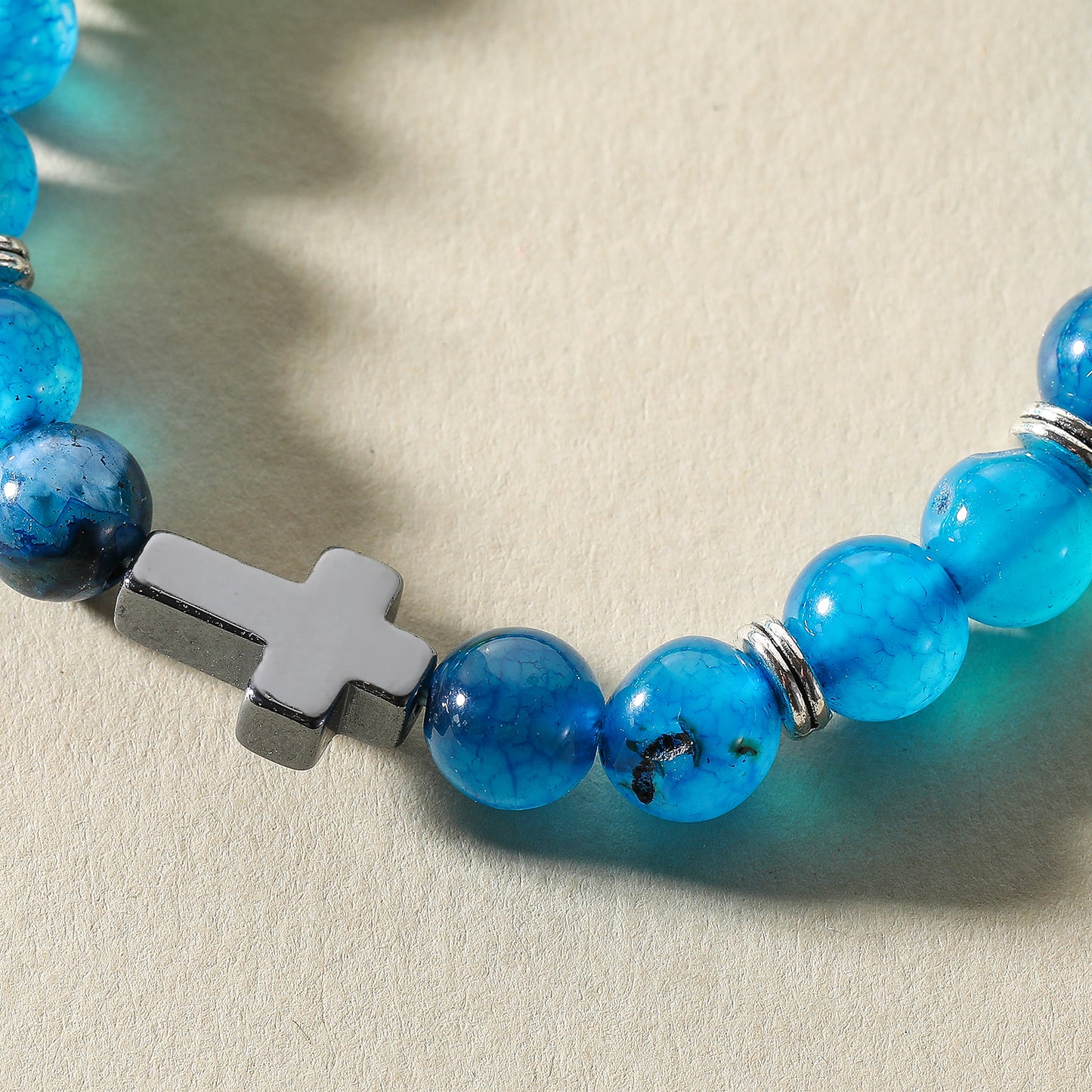 Handmade Genuine Stone Bead Bracelet with Cross Charm - Elastic Boho Jewelry for Men & Women