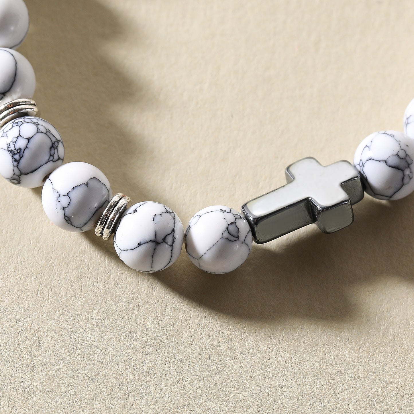 Handmade Genuine Stone Bead Bracelet with Cross Charm - Elastic Boho Jewelry for Men & Women