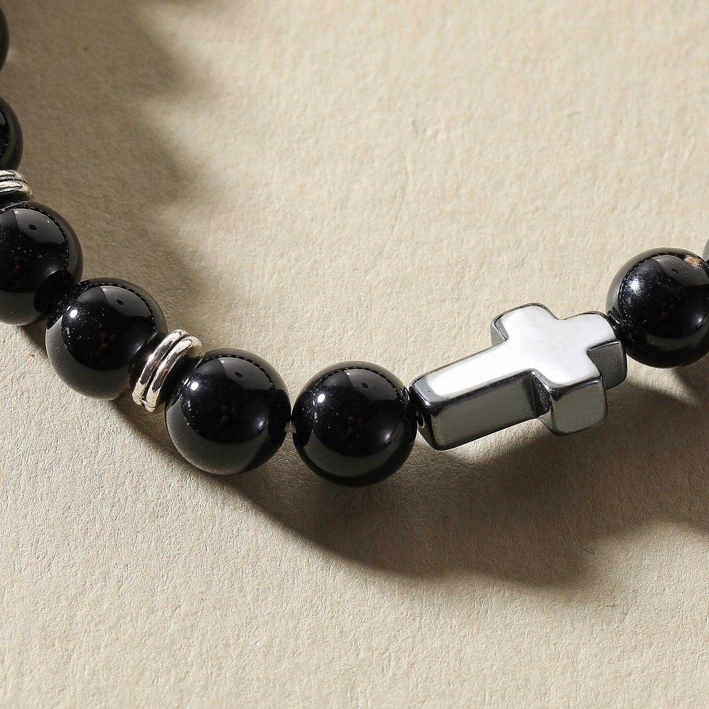 Handmade Genuine Stone Bead Bracelet with Cross Charm - Elastic Boho Jewelry for Men & Women