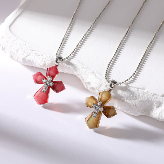 Elegant Assorted Acrylic Stone Cross Necklace with Rhinestones - Multi-Color Dual Cross Pendant