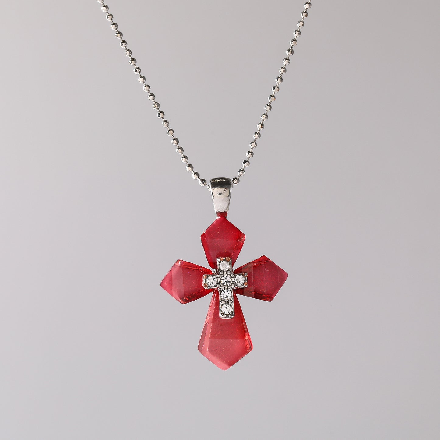 Elegant Assorted Acrylic Stone Cross Necklace with Rhinestones - Multi-Color Dual Cross Pendant