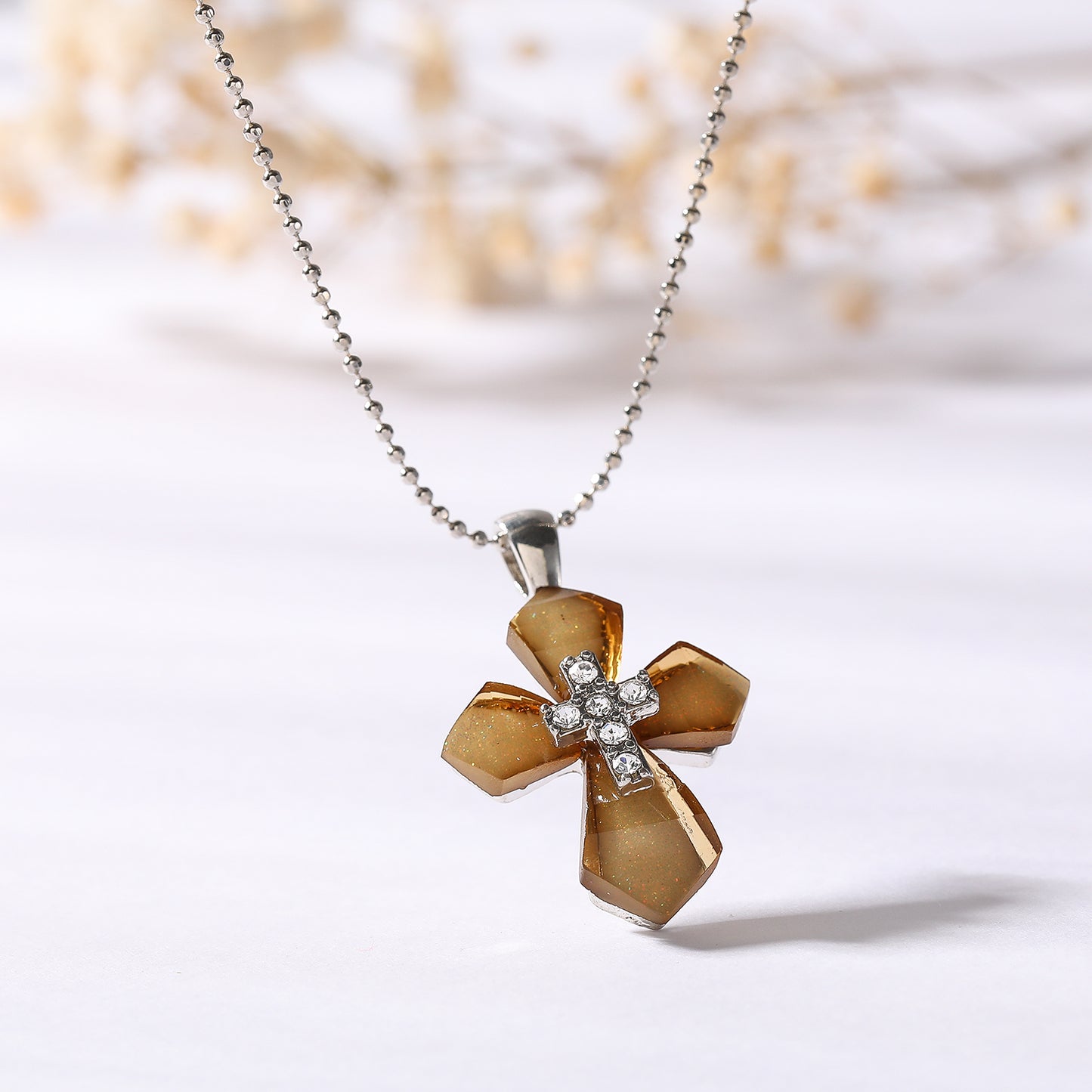 Elegant Assorted Acrylic Stone Cross Necklace with Rhinestones - Multi-Color Dual Cross Pendant