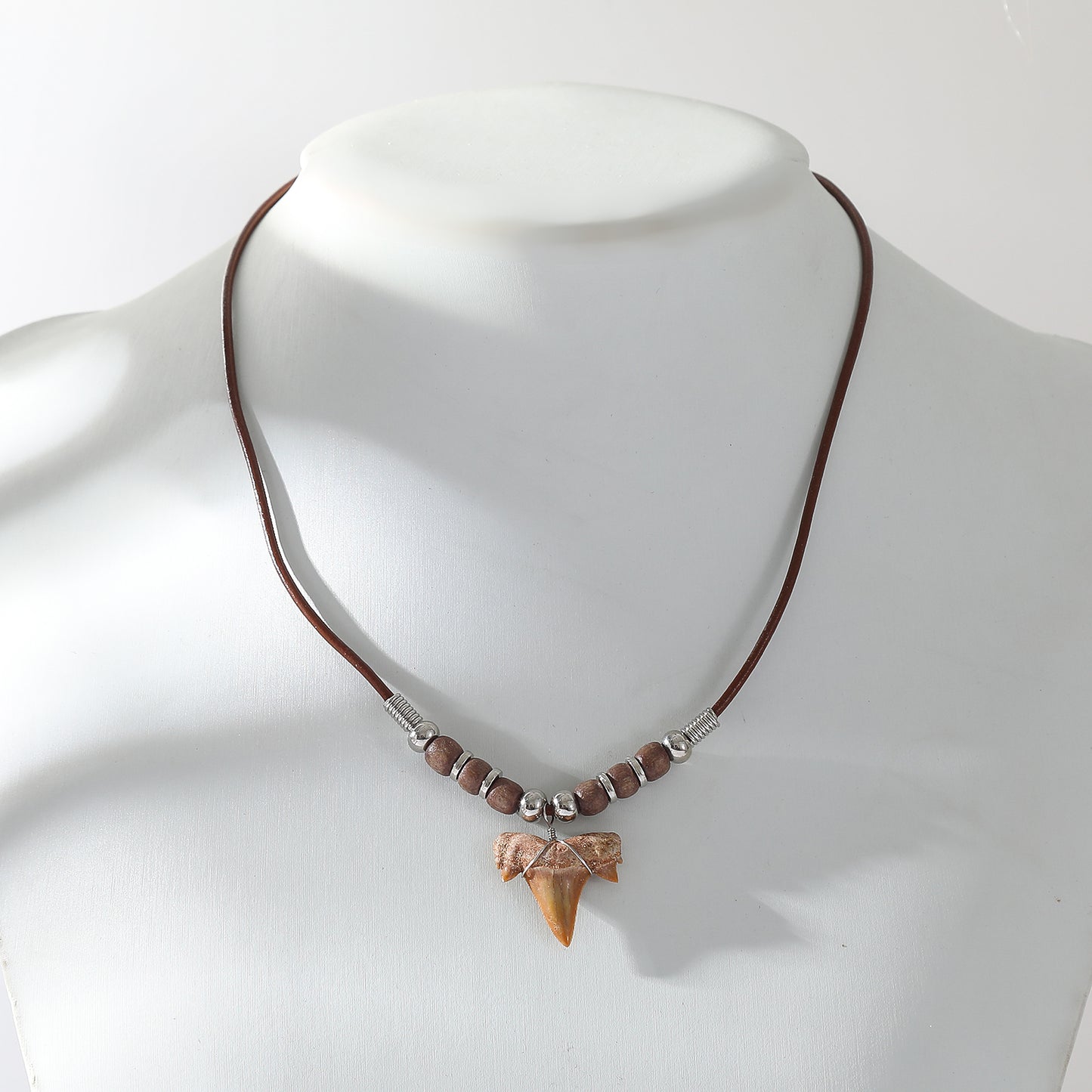 Shark Tooth Necklace with Wooden Beads and Silver Accents - Ocean-Inspired Jewelry