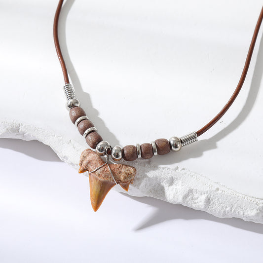 Shark Tooth Necklace with Wooden Beads and Silver Accents - Ocean-Inspired Jewelry