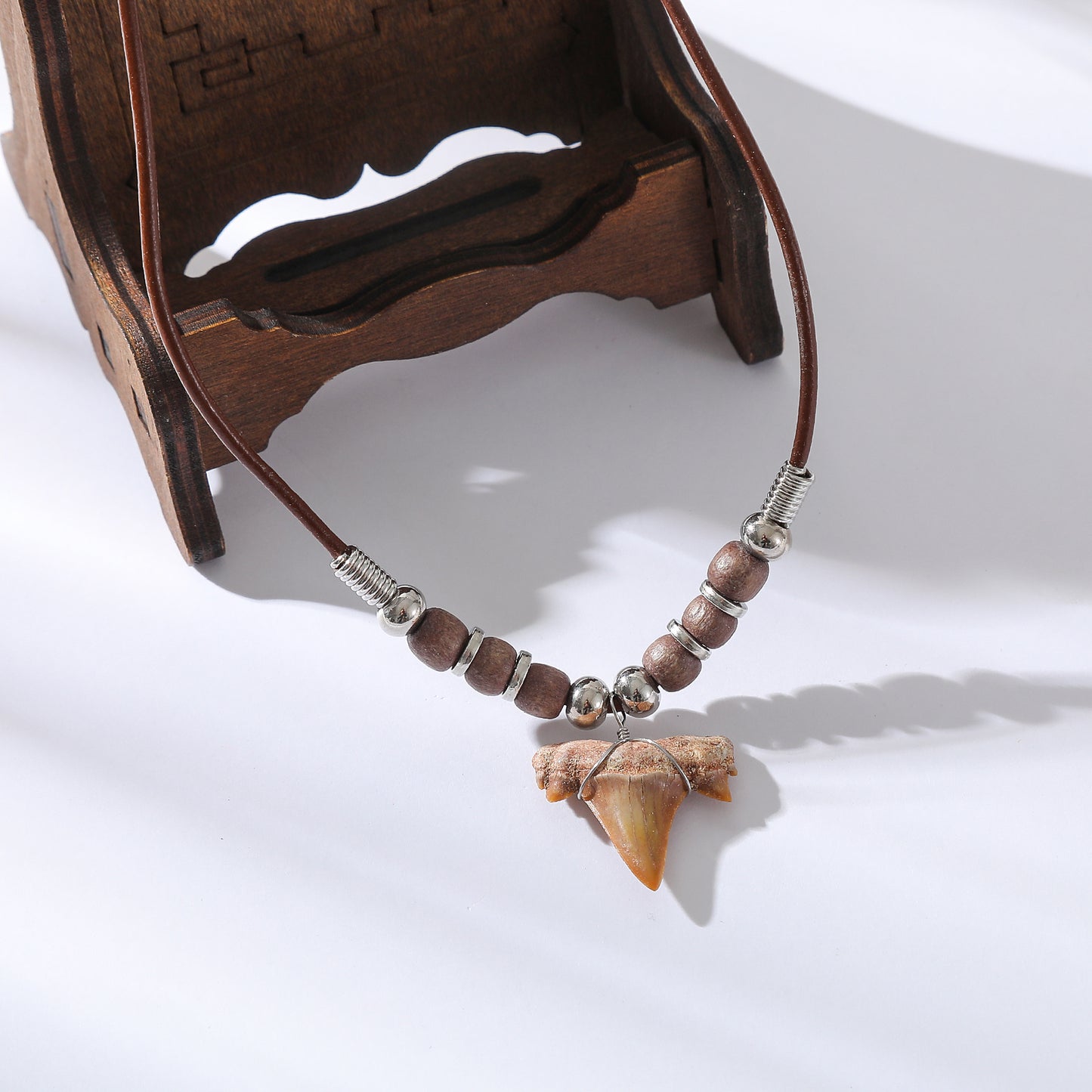 Shark Tooth Necklace with Wooden Beads and Silver Accents - Ocean-Inspired Jewelry