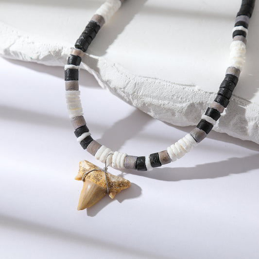 Black, White, and Grey Beaded Necklace with Natural Shark Tooth Pendant