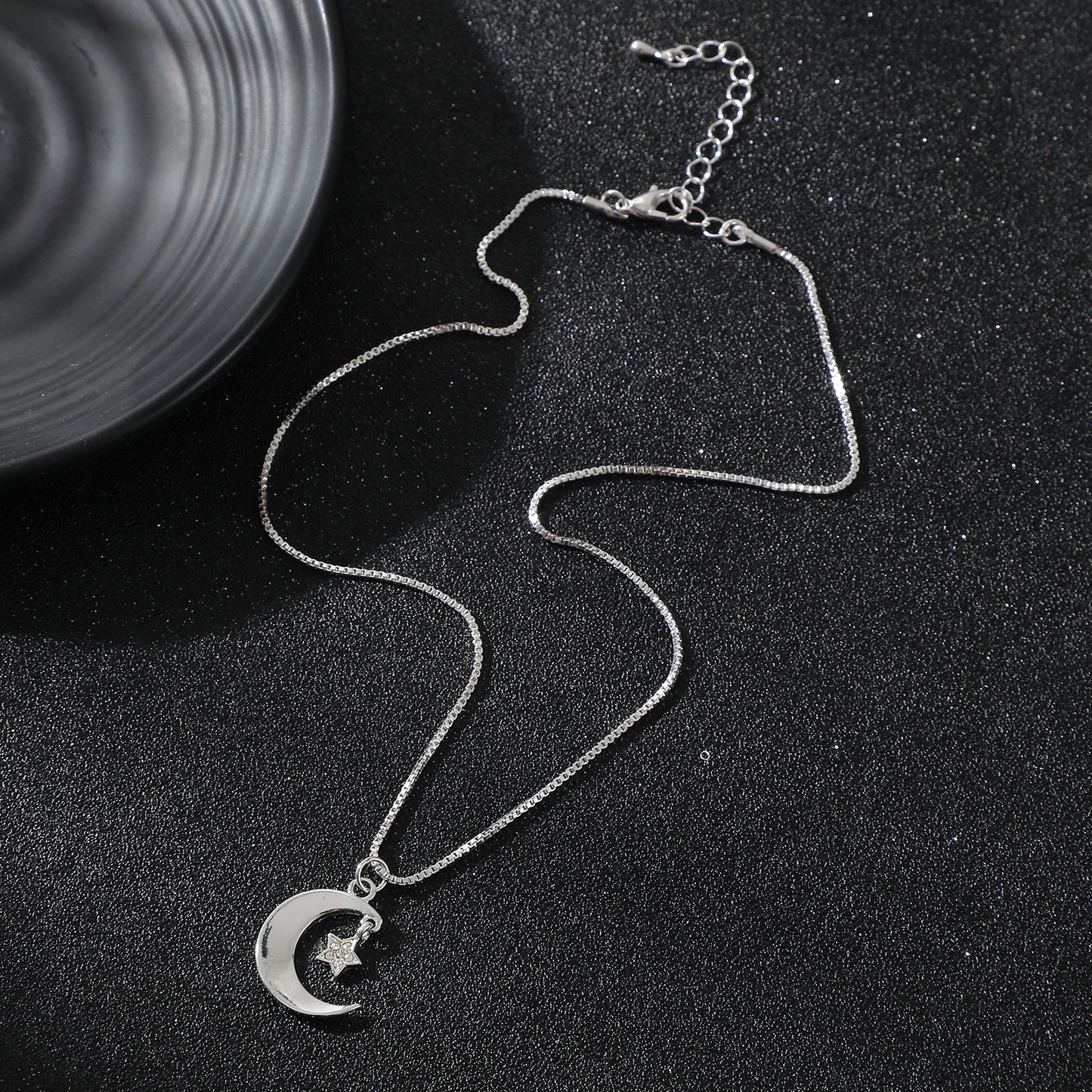 Silver Crescent Moon and Star Necklace with Rhinestones - Elegant Celestial Pendant