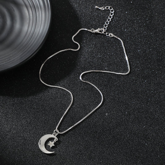 Silver Crescent Moon and Star Necklace with Rhinestones - Elegant Celestial Pendant