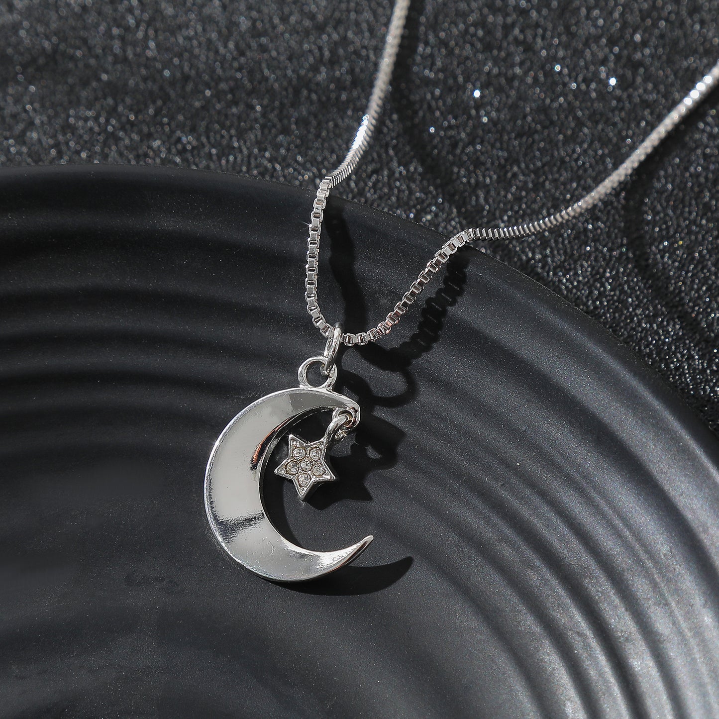 Silver Crescent Moon and Star Necklace with Rhinestones - Elegant Celestial Pendant