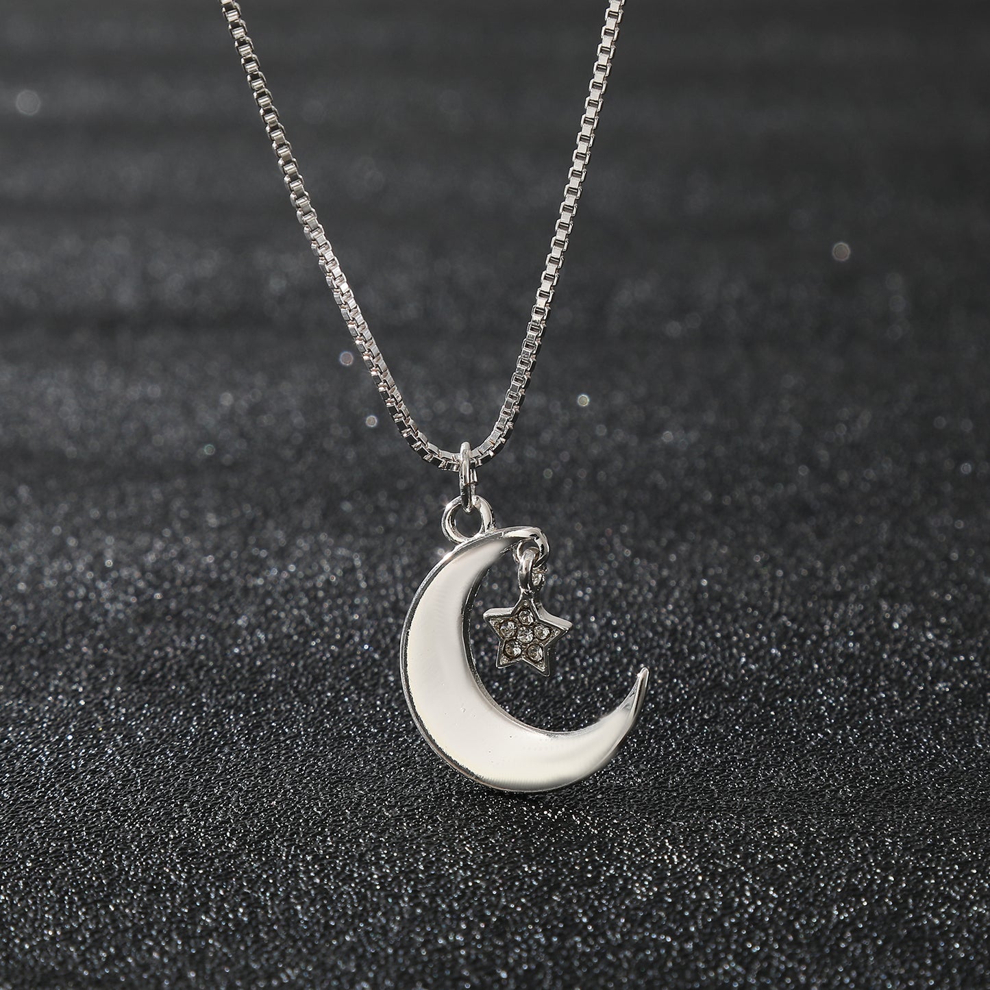 Silver Crescent Moon and Star Necklace with Rhinestones - Elegant Celestial Pendant