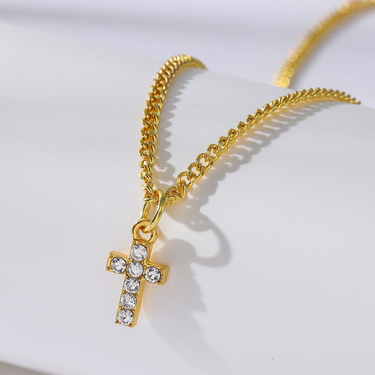 Rhinestone Cross Pendant on Gold Chain Necklace