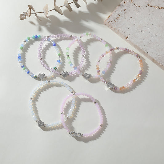 Pastel Elastic Beaded Bracelets with Crystal Heart Charms - Boho Chic Jewelry for Women