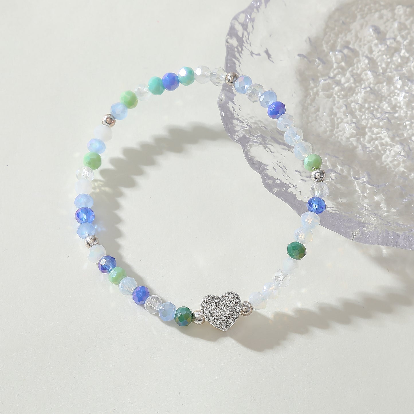 Pastel Elastic Beaded Bracelets with Crystal Heart Charms - Boho Chic Jewelry for Women