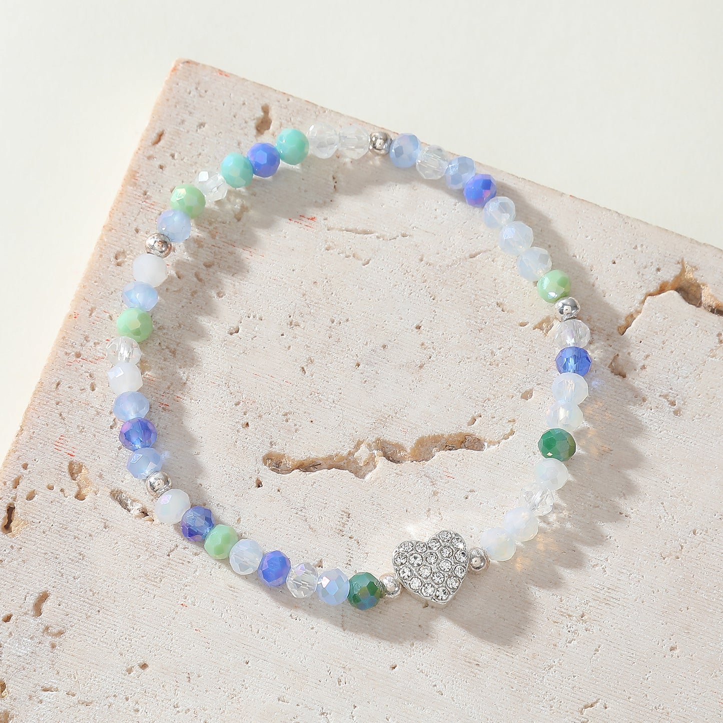 Pastel Elastic Beaded Bracelets with Crystal Heart Charms - Boho Chic Jewelry for Women