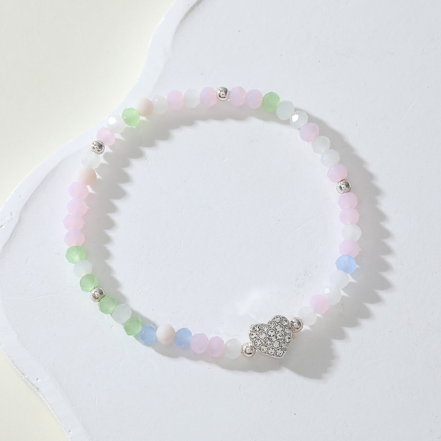 Pastel Elastic Beaded Bracelets with Crystal Heart Charms - Boho Chic Jewelry for Women