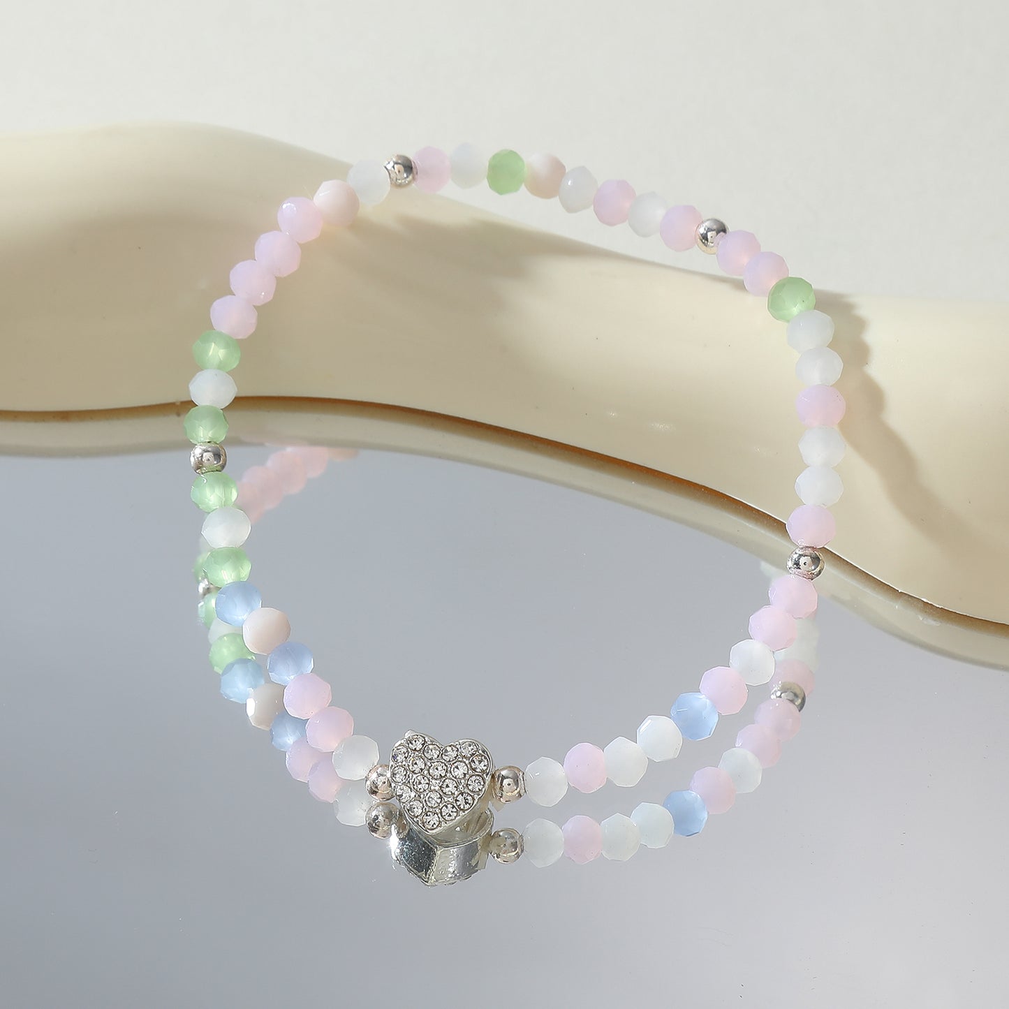 Pastel Elastic Beaded Bracelets with Crystal Heart Charms - Boho Chic Jewelry for Women