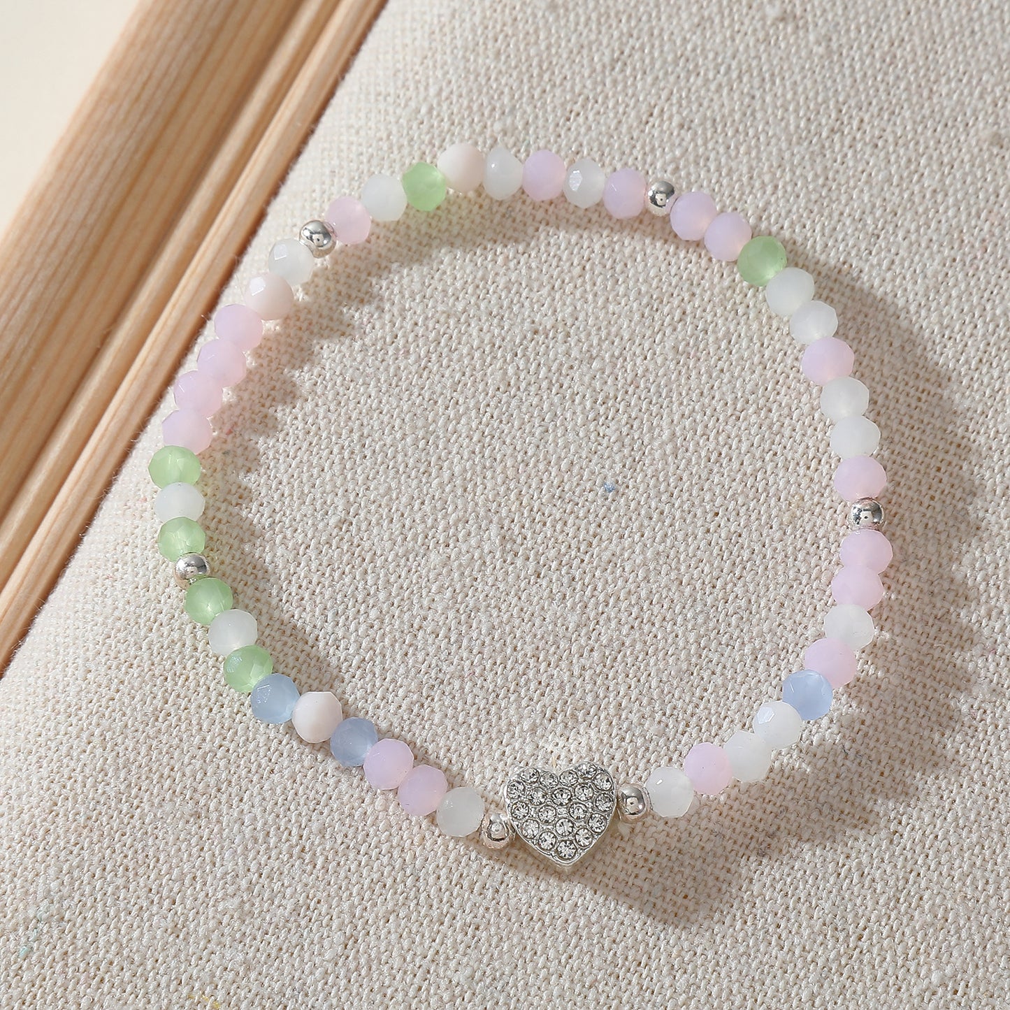 Pastel Elastic Beaded Bracelets with Crystal Heart Charms - Boho Chic Jewelry for Women