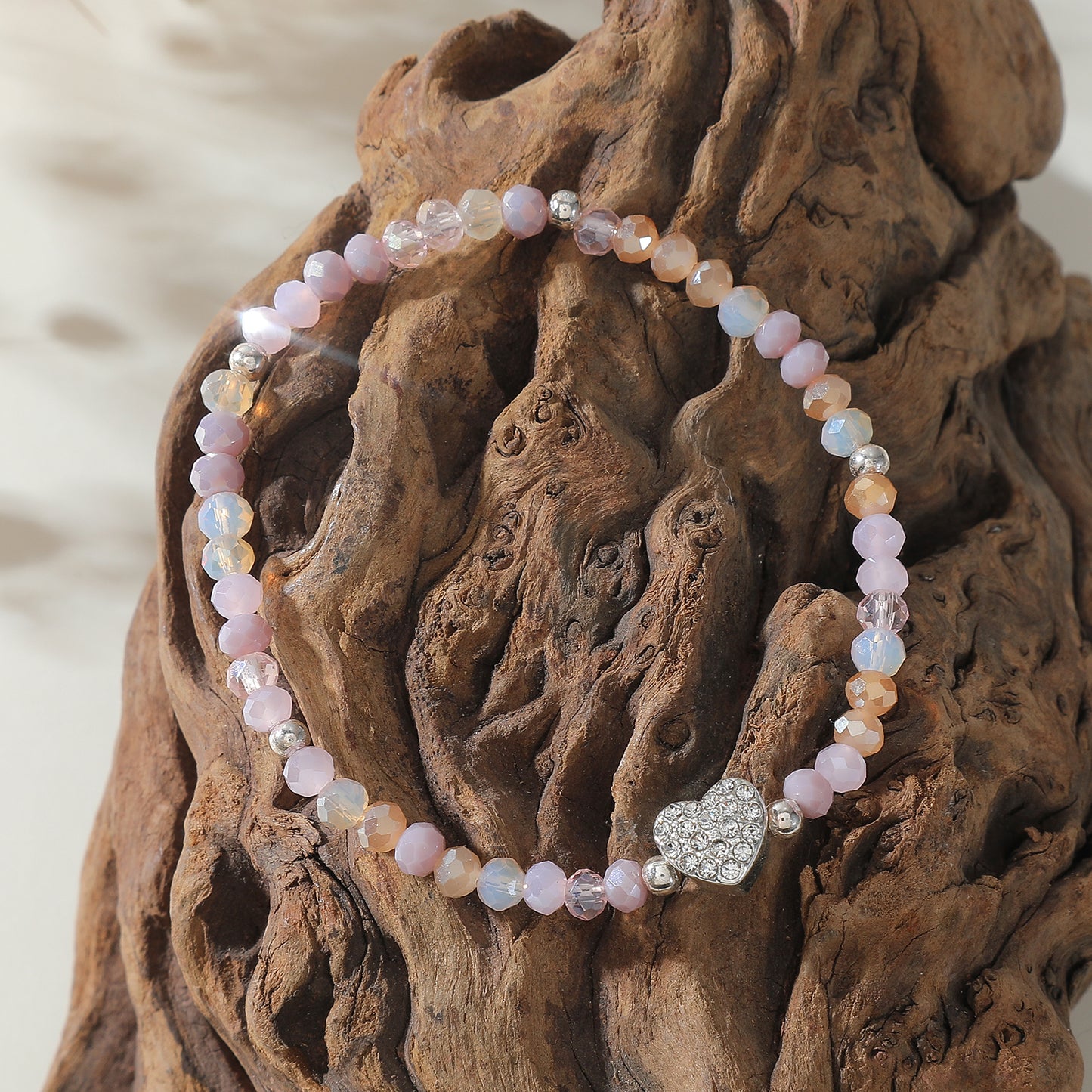 Pastel Elastic Beaded Bracelets with Crystal Heart Charms - Boho Chic Jewelry for Women