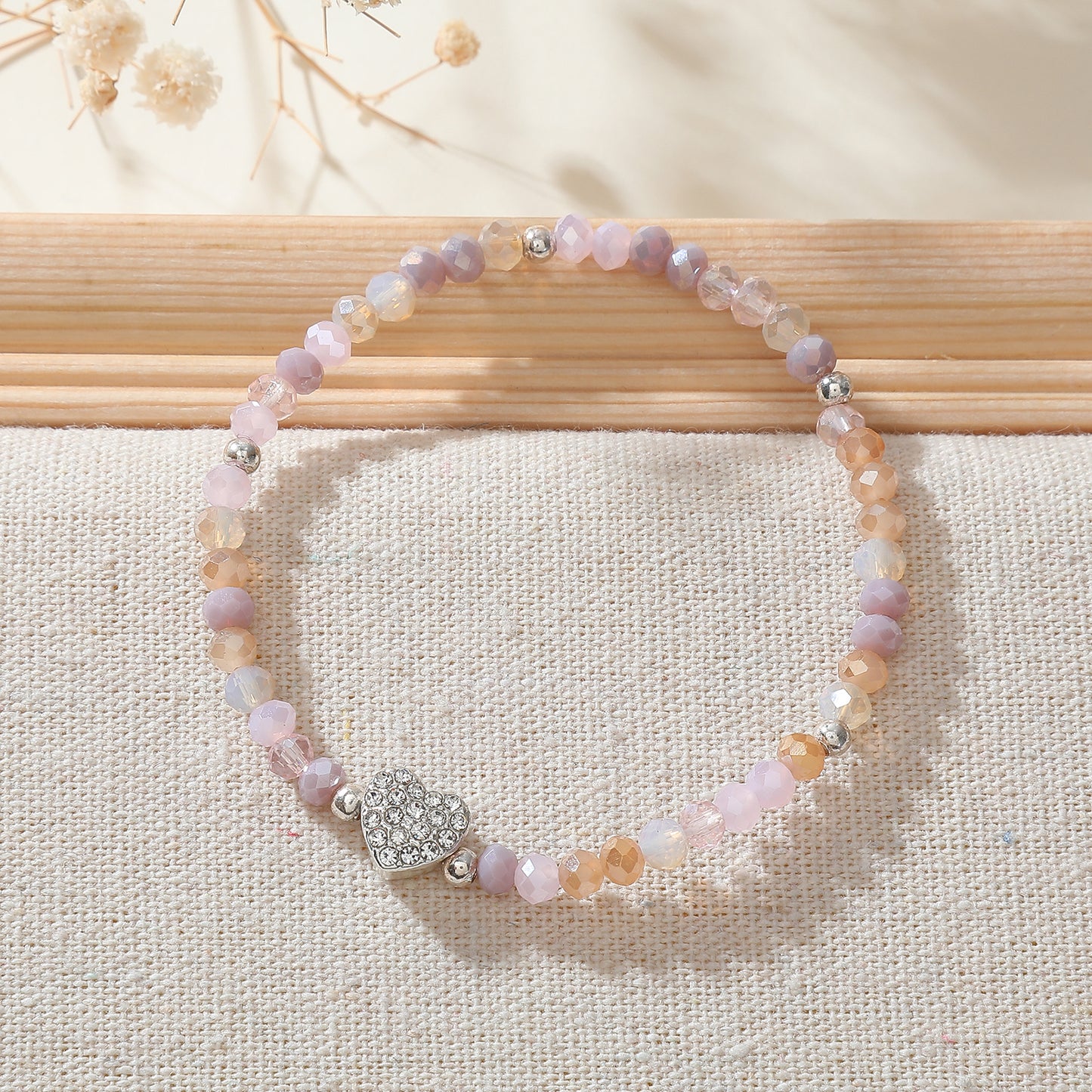 Pastel Elastic Beaded Bracelets with Crystal Heart Charms - Boho Chic Jewelry for Women