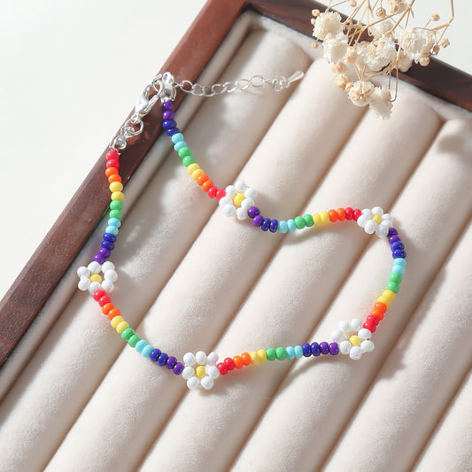 Rainbow Beaded Anklet with White Daisy Accents – Adjustable Summer Jewelry