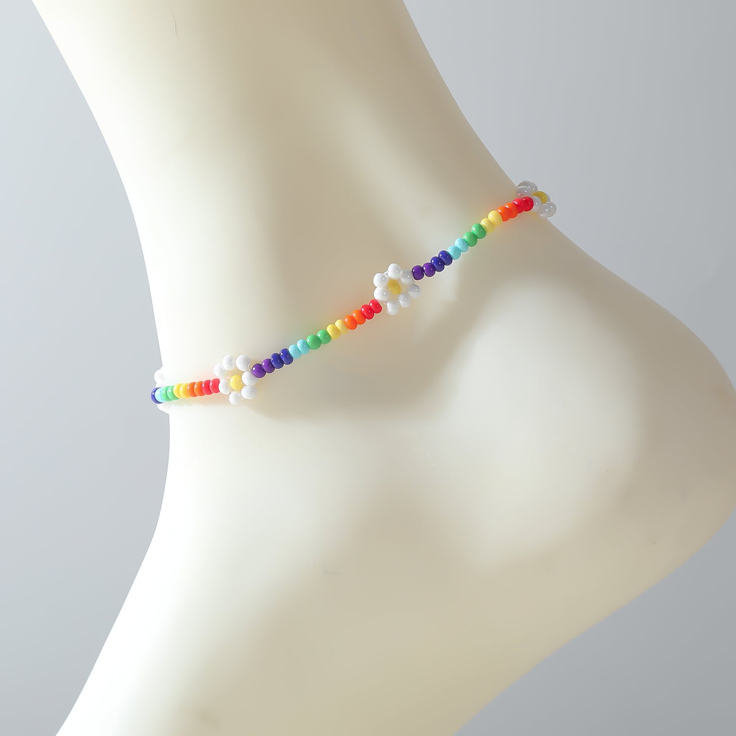 Rainbow Beaded Anklet with White Daisy Accents – Adjustable Summer Jewelry