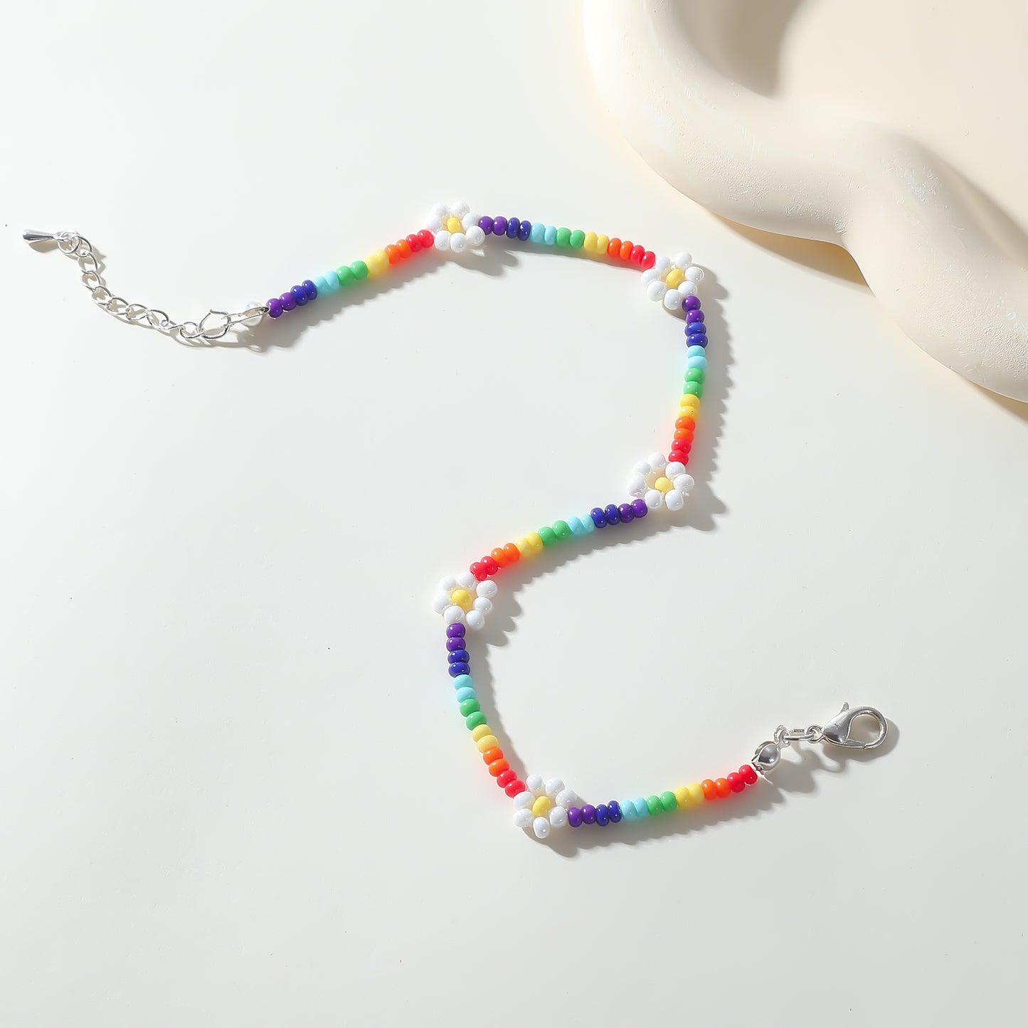 Rainbow Beaded Anklet with White Daisy Accents – Adjustable Summer Jewelry