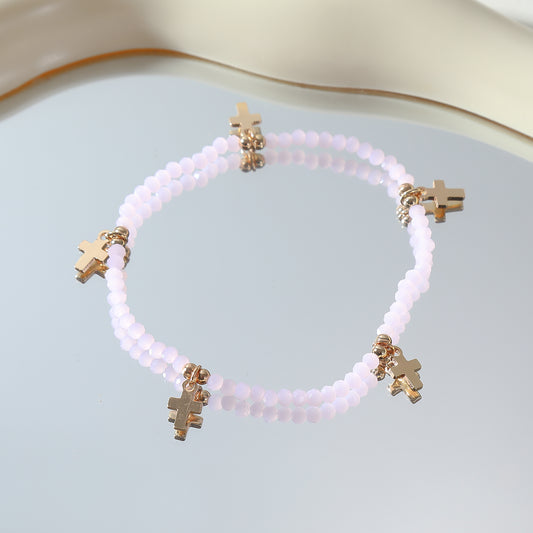 Colorful Beaded Elastic Bracelets with Gold Cross Charms - Adjustable Faith-Inspired Jewelry for Women, Everyday Wear & Gift