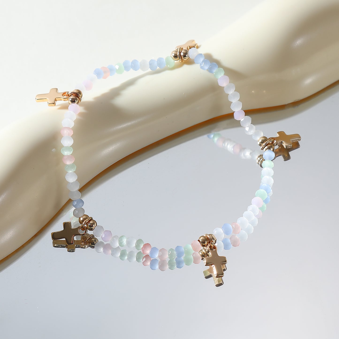 Colorful Beaded Elastic Bracelets with Gold Cross Charms - Adjustable Faith-Inspired Jewelry for Women, Everyday Wear & Gift