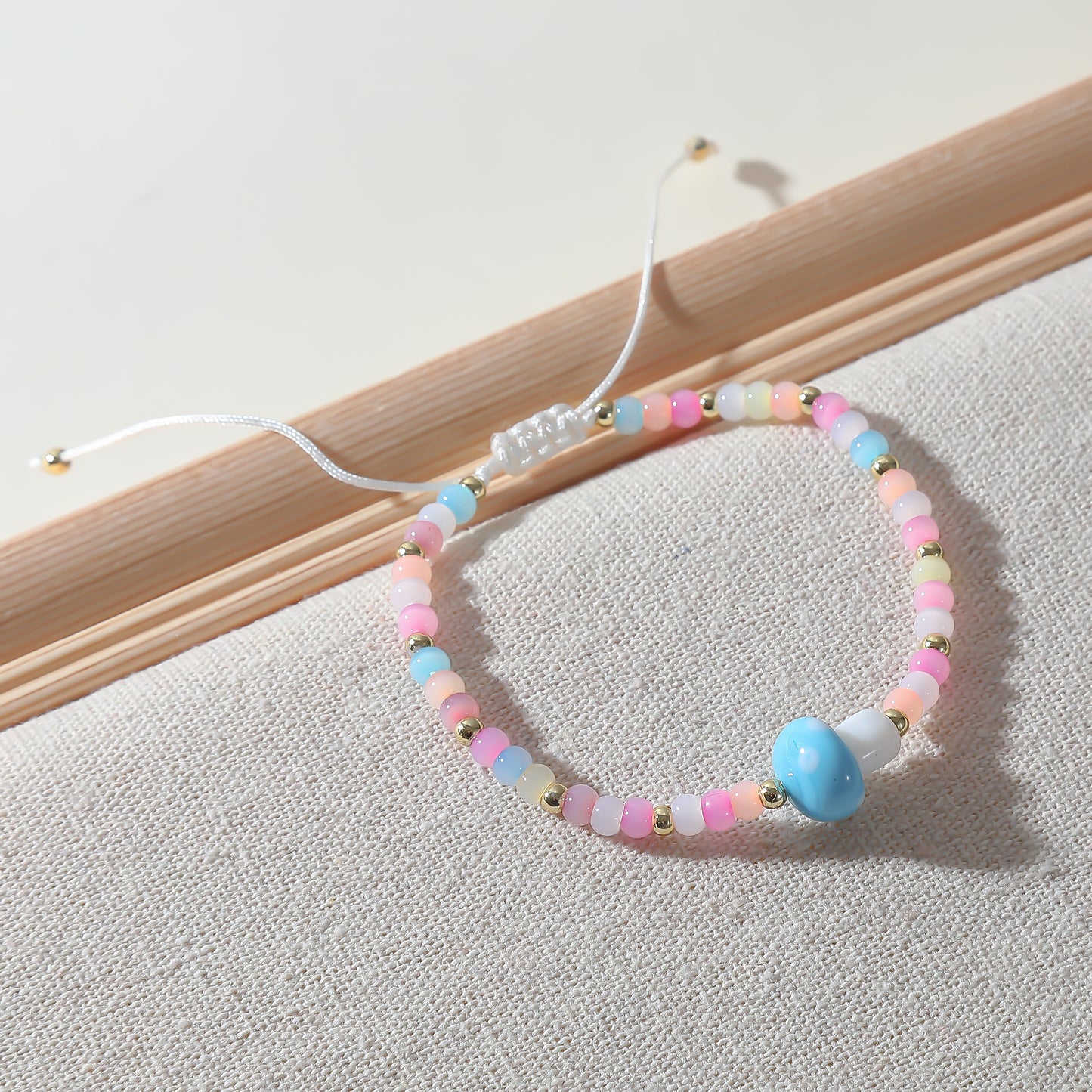 Pastel Beaded Bracelet with Glass Mushroom Charm - Handmade Boho Jewelry for Women