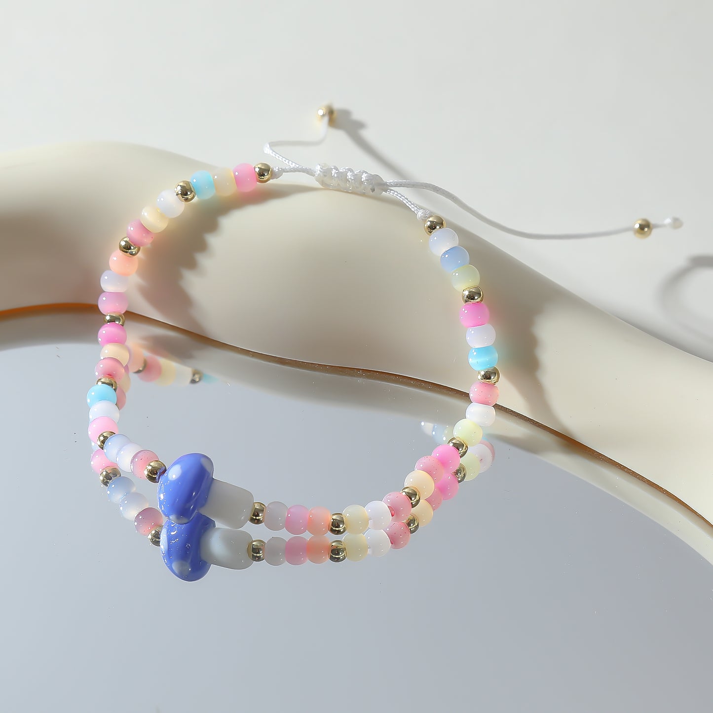 Pastel Beaded Bracelet with Glass Mushroom Charm - Handmade Boho Jewelry for Women