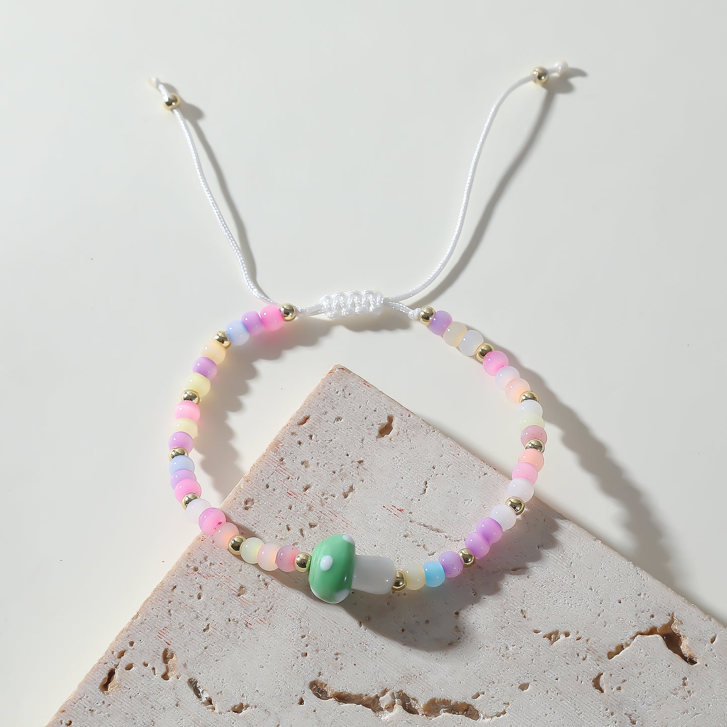 Pastel Beaded Bracelet with Glass Mushroom Charm - Handmade Boho Jewelry for Women