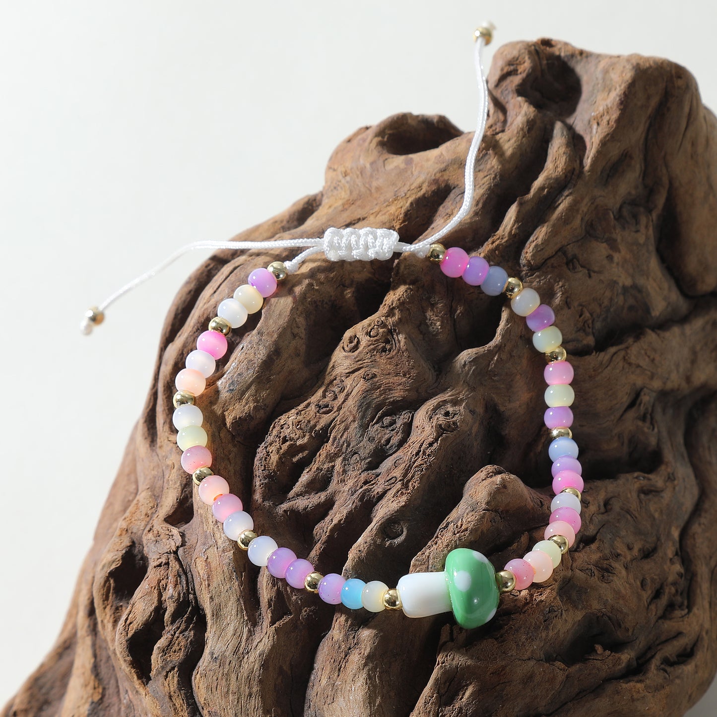 Pastel Beaded Bracelet with Glass Mushroom Charm - Handmade Boho Jewelry for Women