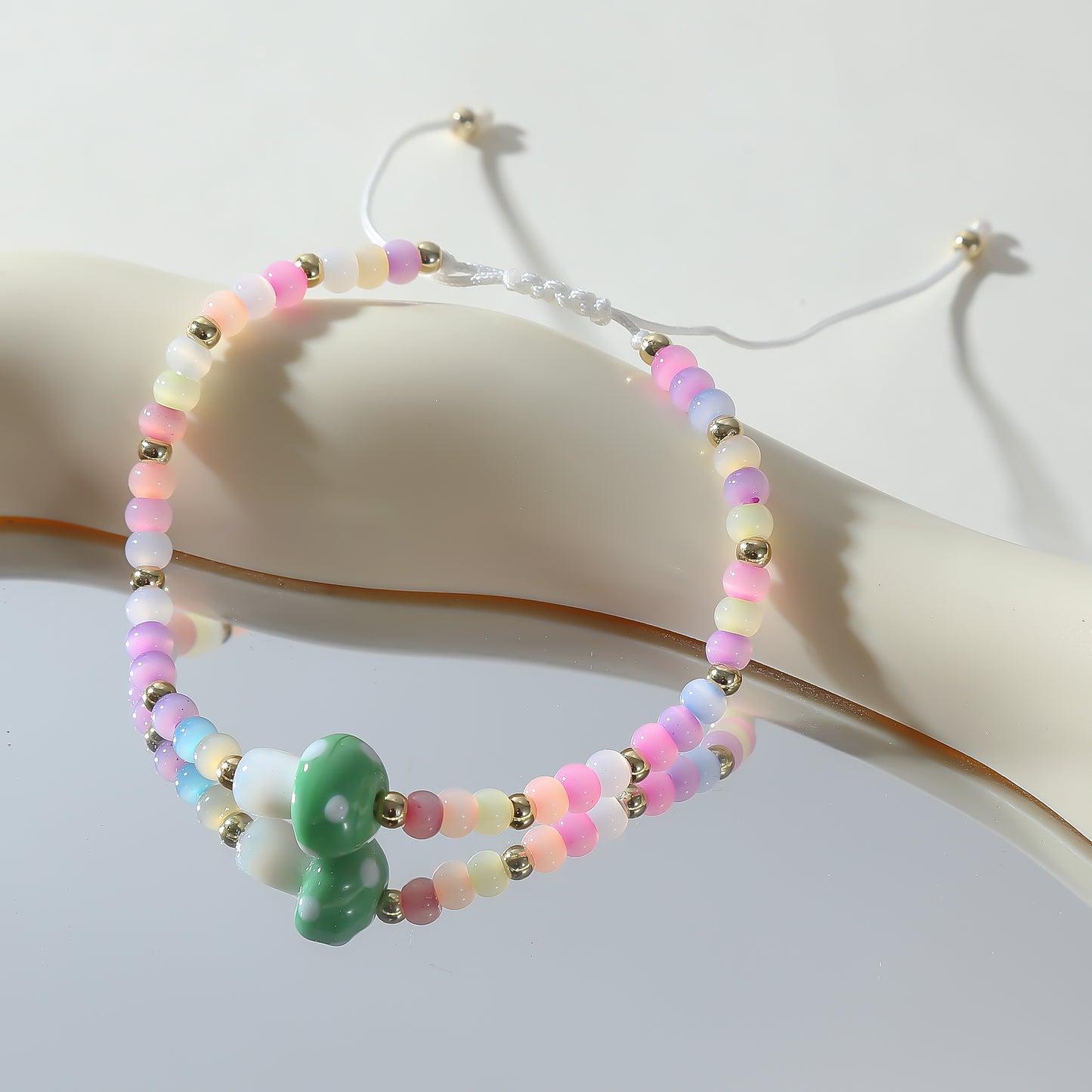 Pastel Beaded Bracelet with Glass Mushroom Charm - Handmade Boho Jewelry for Women