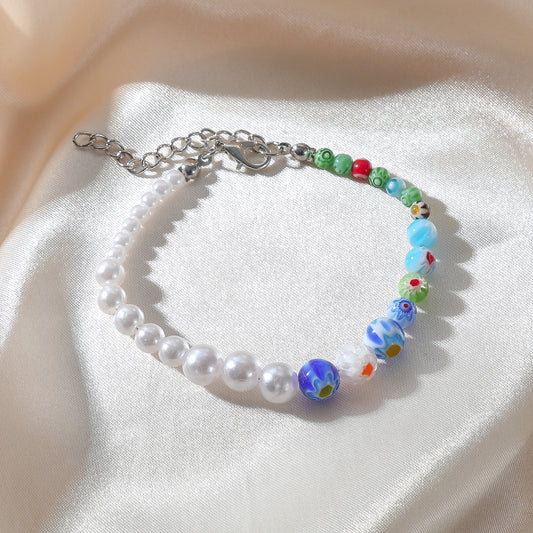 Handmade Graduating Pearl and Millefiore Bead Bracelet - Elegant Colorful Jewelry for Women, Unique Gift for Special Occasions