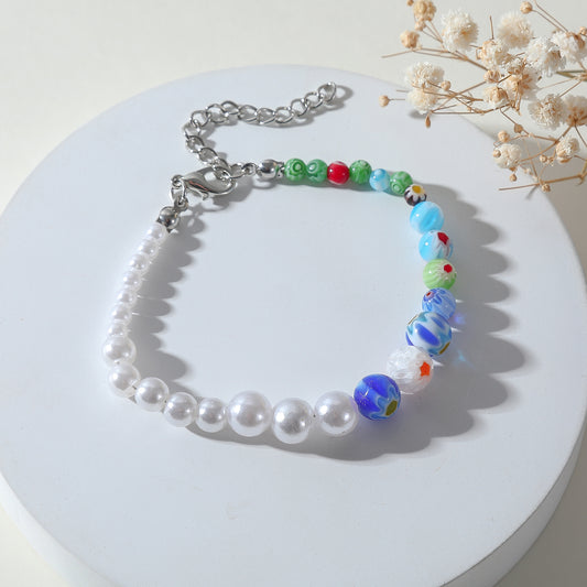 Handmade Graduating Pearl and Millefiore Bead Bracelet - Elegant Colorful Jewelry for Women, Unique Gift for Special Occasions