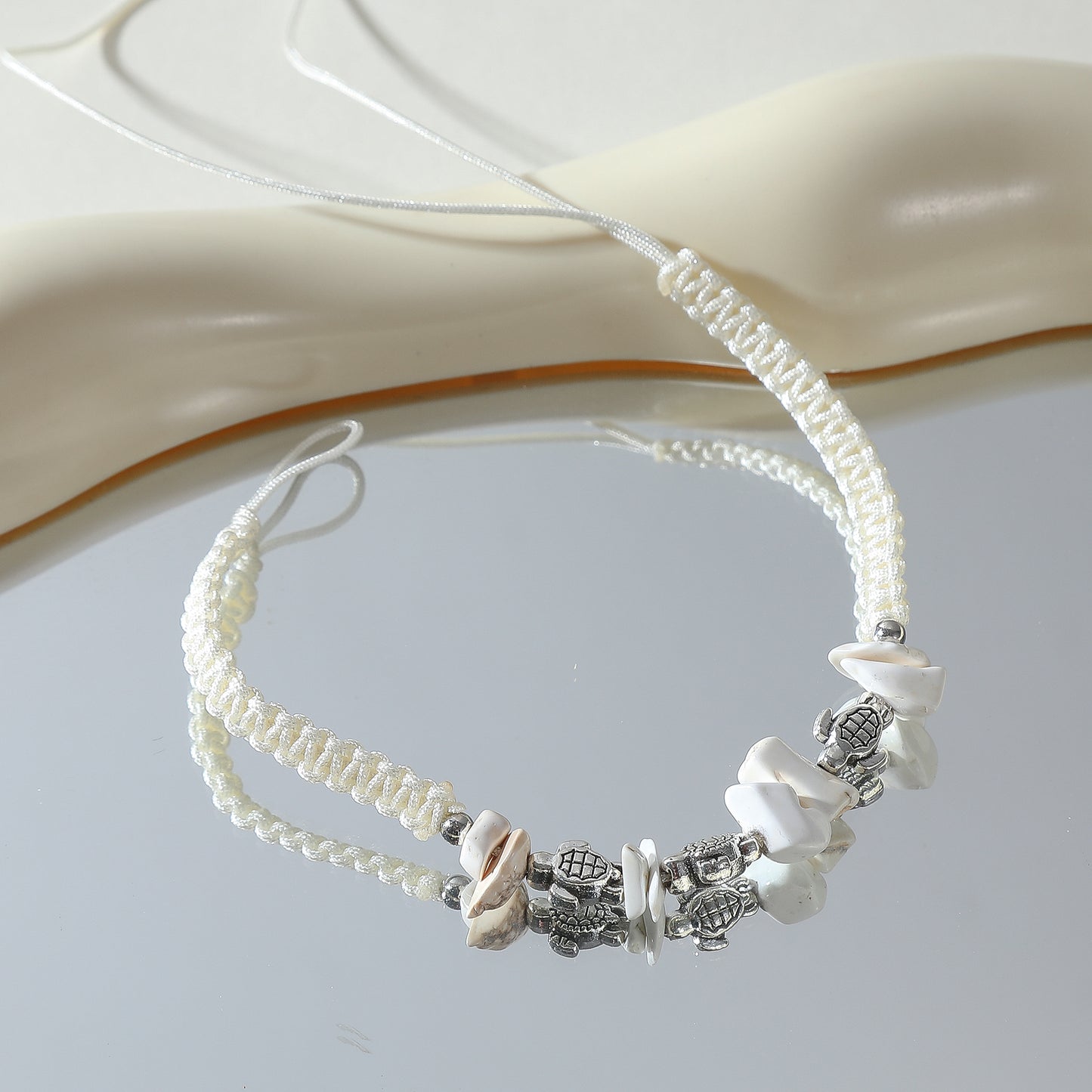 Silver Turtle Bracelet with Beaded Stones - Adjustable Tie String Jewelry for Men & Women