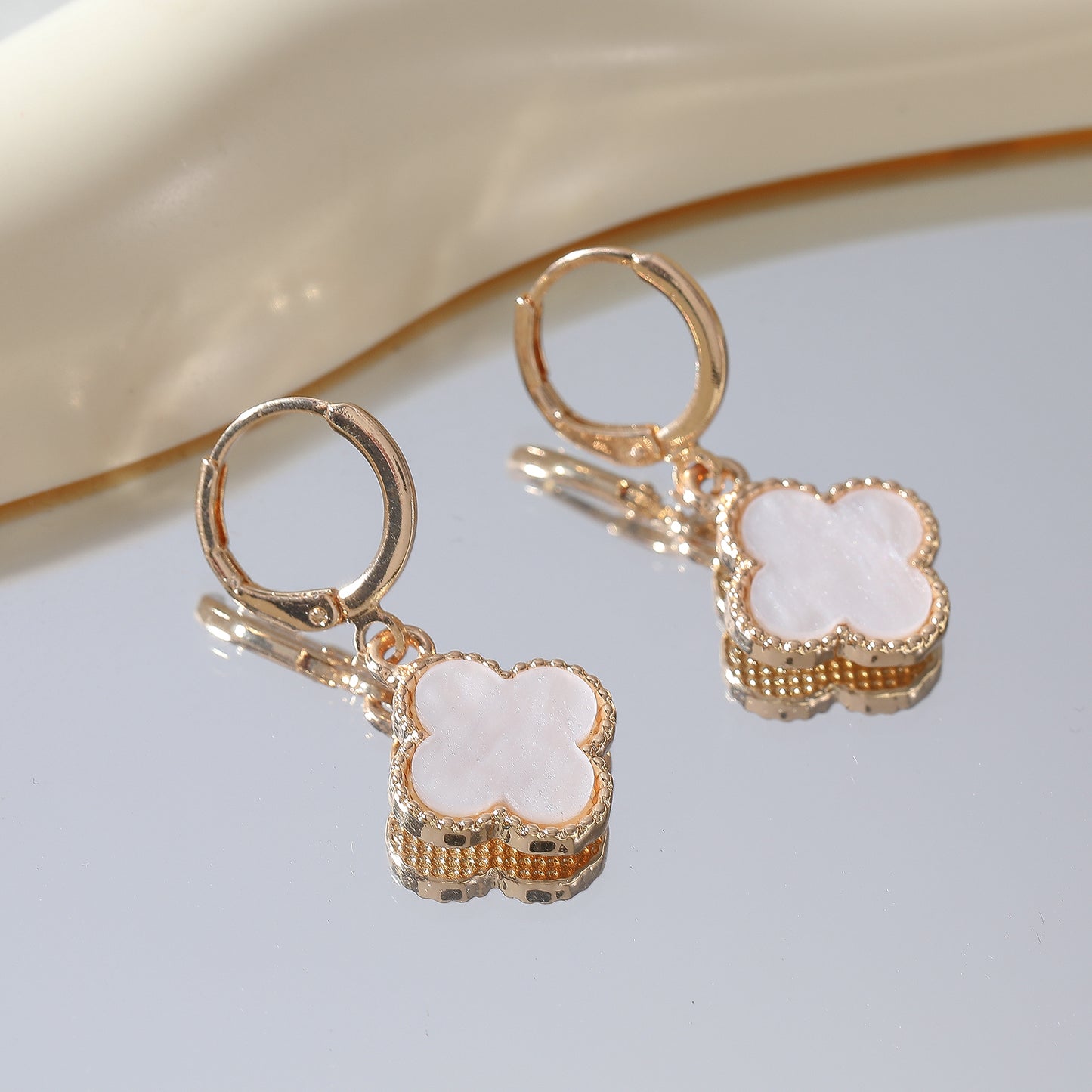 Elegant Clover Drop Earrings with Pearlized Finish – Gold Plated